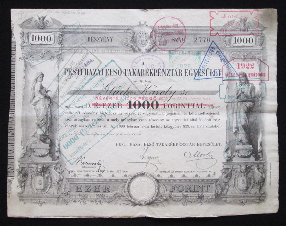 Pesti Hazai Els Takarkpnztr rszvny 1000 forint 1901 - kzi dtum!